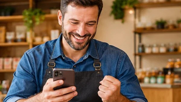 Empreendedor sorridente comemora ao ver no celular que a marca do seu negócio está livre
