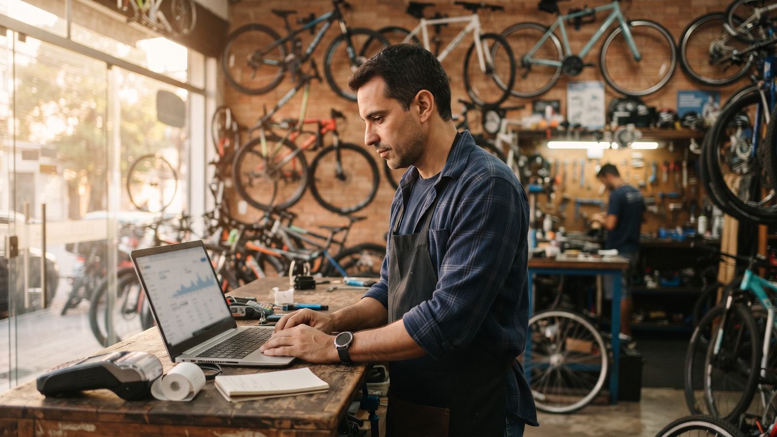 Dono de uma pequena loja de bicicletas acompanha no notebook a gestão do negócio, no balcão da própria loja