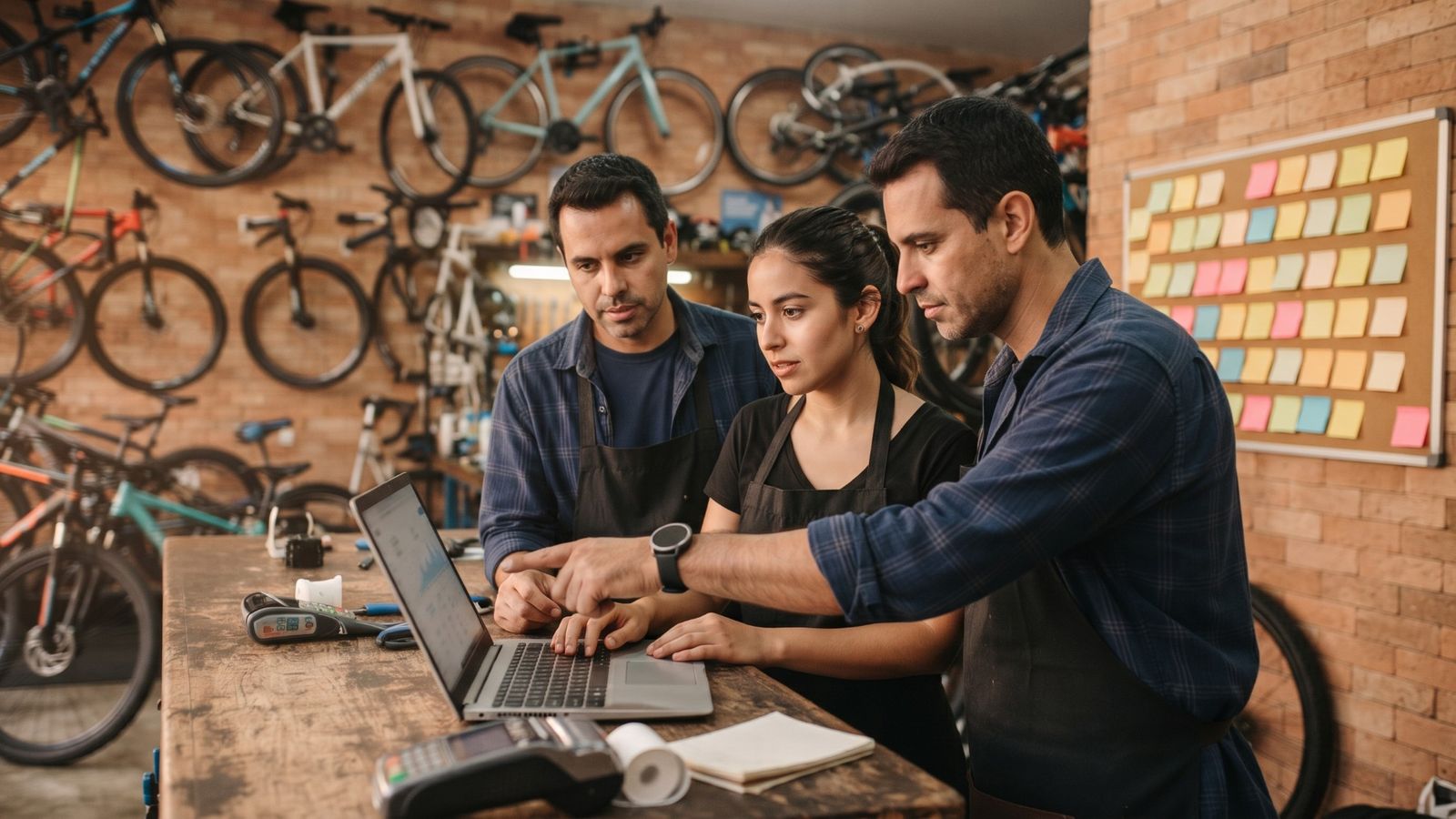Dono da loja de bicicletas e dois funcionários organizam as tarefas da semana em volta de um notebook