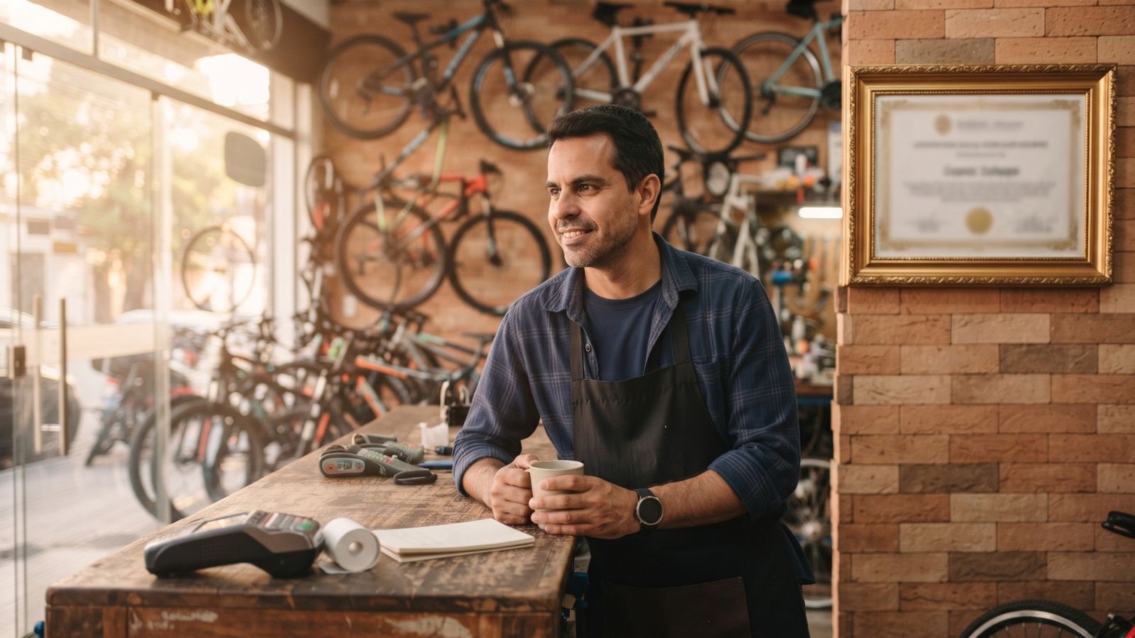 Empreendedor sorri tranquilo na loja de bicicletas, com o certificado de registro da marca emoldurado na parede